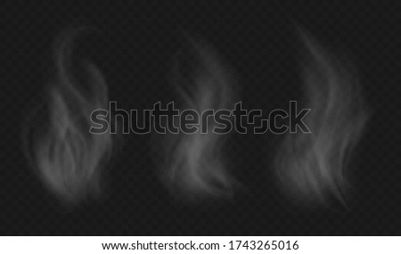 Hot food steam, collection of vapor effects from heated tea or coffee. Warm dish, tasty meal, delicious smell concept. White fume isolated on a dark background. Vector illustration.