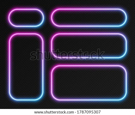 Neon gradient frames set, collection of pink-blue glowing rounded rectangle borders isolated on a dark background. Colorful night banners, bright illuminated shapes, vector light effect.