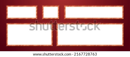 Marquee frames with red border, retro casino signboards with white background. Vintage circus banners with yellow light bulbs. Vector illutration.