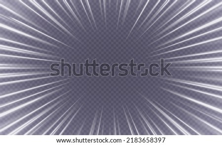 Speed lines, zoom in motion effect, light color trails, manga movement frame concept. Speed of light, stars in motion, radial overlay vector backdrop.