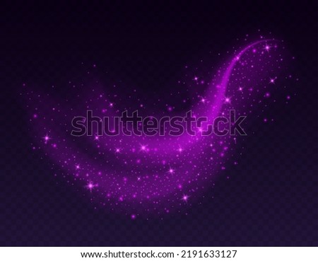 Magic cloud with sparkles, purple fairy stardust with sparks. Shiny fog for a witch spell, cosmic dust with glowing flares isolated on a dark background. Vector illustration.