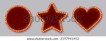Marquee frames with red border, retro casino signboards with white background and light bulbs. Vintage circus banners in different shapes - circle, star, heart. Vector illutration.