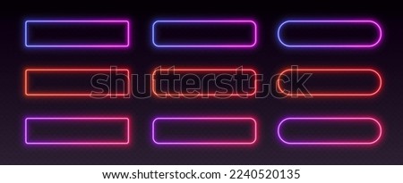 Neon button frames, gradient glowing borders, isolated UI elements. Action button decoration with various corner radius. Vector illustration.