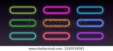 Neon button frames, gradient glowing borders, isolated UI elements. Futuristic rounded action buttons. Vector illustration.