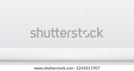 White bathroom tile wall with white stone table top, clean ceramic surface with empty desk for product display. Vector background.