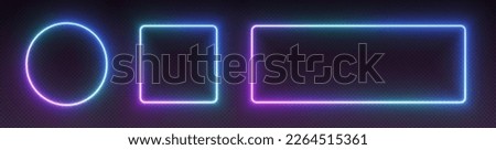 Neon gradient frames, glowing borders set, colorful futuristic UI design elements. Vibrant geometric shapes, modern signs collection. Bright circle, square and rectangle vector decorations.