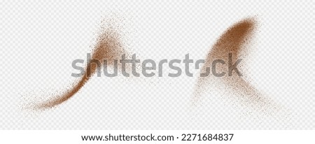 Flying coffee or chocolate powder, dust particles in motion, ground splash isolated on light background. Vector illustration.