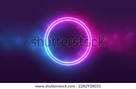 Neon circle frame with smoke cloud, glowing gradient ring with colorful fog and double border. Illuminated realistic night scene. Futuristic portal concept. Vector illustration.