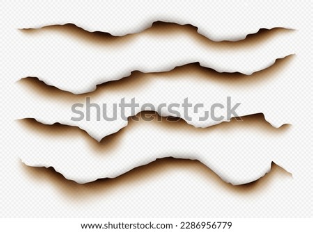 Burnt paper edges, scorched parchment, realistic torn edge with ash effect isolated on a light background. Vector illustration.