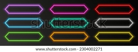 Neon button frames, colorful glowing borders, isolated UI elements. Action button decoration in hexagonal shape. Vector illustration.