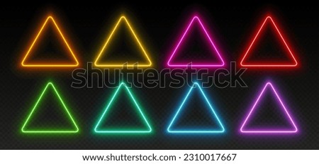 Neon triangle frames, glowing borders set, colorful futuristic UI design elements. Vibrant glowing geometric shapes, modern signs in various colors isolated on dark backdrop. Vector illustration.