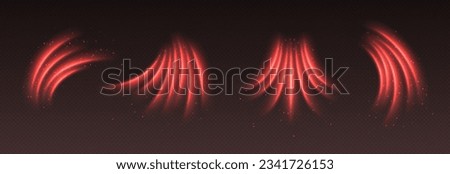 Hot air flow effect, warm heating wind. Red light trails with sparkles. Glowing motion effect. Abstract luminescent curves. Vector decoration.