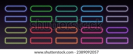 Neon button frames, gradient glowing borders, isolated UI elements. Futuristic sharp and rounded action buttons. Vector illustration.