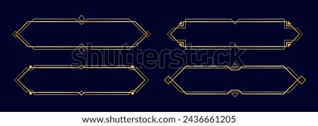 Art deco frames, golden elegant antique borders, decorative game buttons or labels isolated on dark background. Vector illustration.