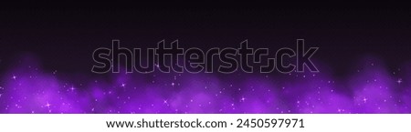 Purple magic smoke with stars and sparkles, fog with glowing particles, colorful vapor with star dust. Fantasy haze background. Vector illustration.