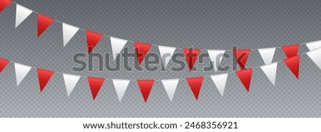 Bunting flags, carnival party flags, white and red festive pennants hanging on a rope. Festival vector decoration.