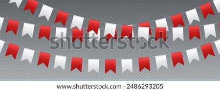 Bunting flags, carnival party flags, white and red festive pennants hanging on a rope. Festival vector decoration.