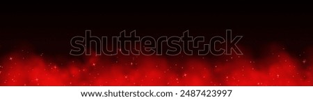 Red magic smoke with stars and sparkles, fog with glowing particles, colorful vapor with star dust. Fantasy haze background. Vector illustration.