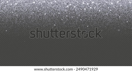 Silver falling glitter, shiny confetti with glowing sparkles, shimmer spray effect, festive holiday particles isolated on a dark background. Vector illustration.