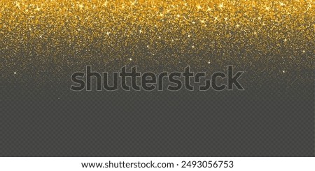 Gold falling glitter, shiny golden confetti with glowing sparkles, shimmer spray effect, festive holiday particles isolated on a dark background. Vector illustration.