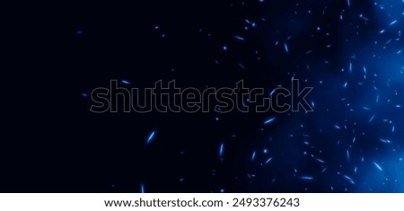 Blue flame with sparks, fire with flying cinder, abstract glowing embers, heat sparkles, bokeh fire texture. Vector illustration.