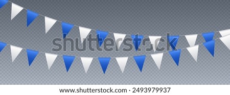 Bunting flags, carnival party flags, white and blue festive pennants hanging on a rope. Festival vector decoration.