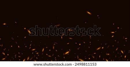 Fire sparks, abstract glowing embers, heat sparkles, flying flame cinder, bokeh fire texture. Vector illustration.