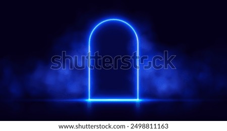 Neon door with smoke, blue glowing portal, futuristic arch gate, magic border with vapor. Vector illustration.