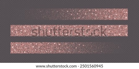 Rose gold glitter brush strokes, shimmer spray effect, luxury shimmery particles, festive holiday sparkles, shiny star dust lines isolated on a dark background. Christmas decoration.