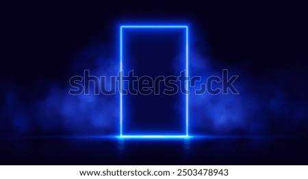 Neon door with smoke, blue glowing portal, futuristic arch gate, magic border with vapor. Vector illustration.