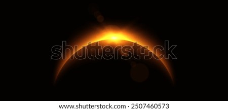 Planet eclipse, glowing flare on the horizon, sunrise over the globe. Crescent planet edge. Vector illustration