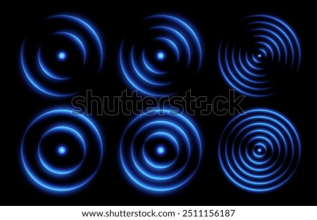 Sonic wave light effect, wireless network signal icons, glowing scanning concept. Sensor or echo neon effects. Vector illustration.