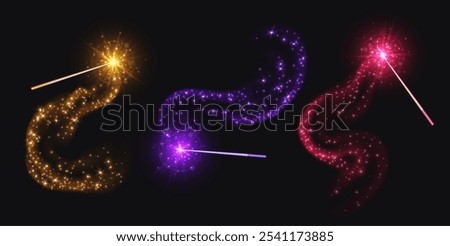 Magic wands with smoke and sparkles, wizard staffs for casting spells with smoke and glowing stars. Colorful fantasy glittery mystic rod in motion. Vector illustration.