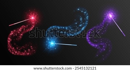 Magic wands with smoke and sparkles, wizard staffs for casting spells with smoke and glowing stars. Colorful fantasy glittery mystic rod in motion. Vector illustration.