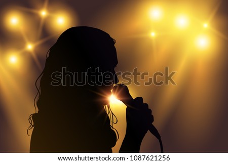 Vector black silhouette of female singer with yellow spotlights in the background