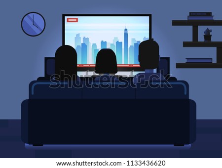 Vector cartoon illustration of family sitting on sofa in living room and watching tv at night