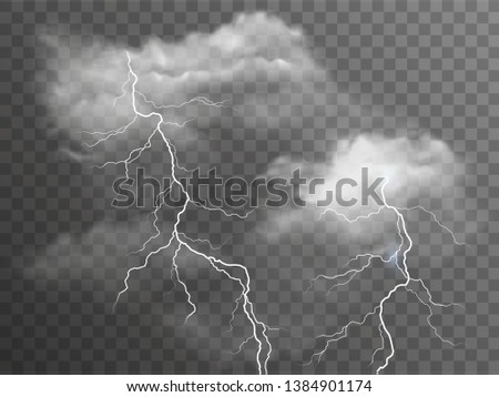 Vector realistic stormy clouds with lightning effects isolated on dark background