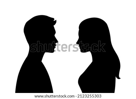 Vector simple silhouettes or icons of two people - woman and man facing each other - relationship, conversation, gender