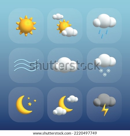 Vector collection of 3d style simple weather icons, meteorology daily forecast app symbols