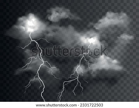 Vector realistic stormy clouds with lightning effects isolated on dark background