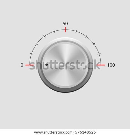 Vector metal control knob with scale from 0 to 100 on light grey background