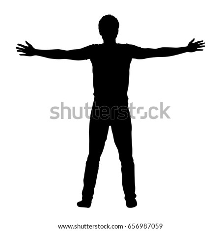 Black vector silhouette of standing man with spread arms isolated on white background