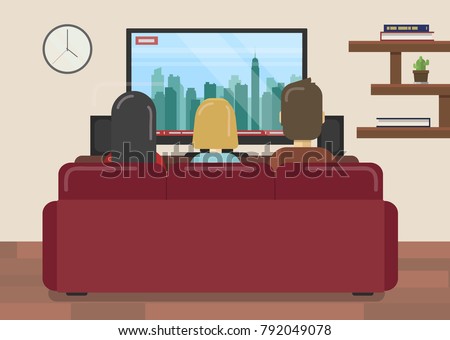 Flat vector illustration of family sitting on couch watching news in living room