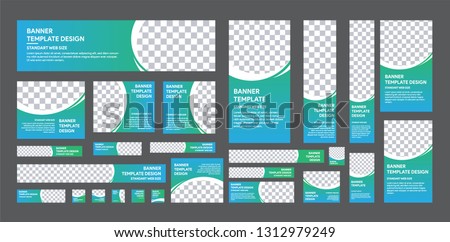 set of web banner of standard size with a place for photos. Vertical, horizontal and square template with white and gradient green to blue color