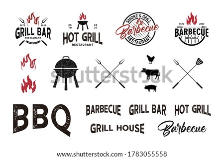 Retro BBQ Grill, Barbecue logo element vector with vintage grunge textured concept
