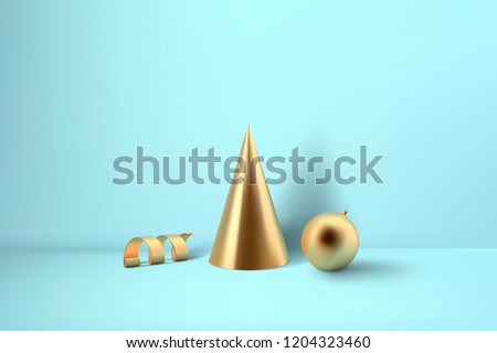 Abstract glossy Christmas decprations. Golden coil metallic spiral ribbon, cone and sphere geometric shapes.  New year and xmas decoration concept. 3d minimal pastel colored background