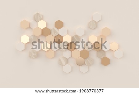 Hexagonal abstract background, depth of field effect. Modern cellular honeycomb 3d panel with hexagons. Ceramic, marble, tile. 3d wall texture.  Geometric background for interior wallpaper design
