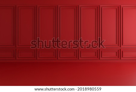 Classic interior walls with copy space. Walls with ornated mouldings panels and wooden floor, classic cornice. Floor parquet. 3d rendering digital interior mock up Illustration. Red colors