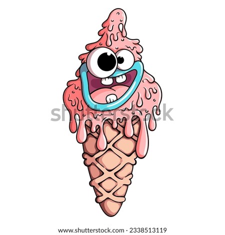 Cute smiling monster icecream cone. Vector summer illustration isolated on white background