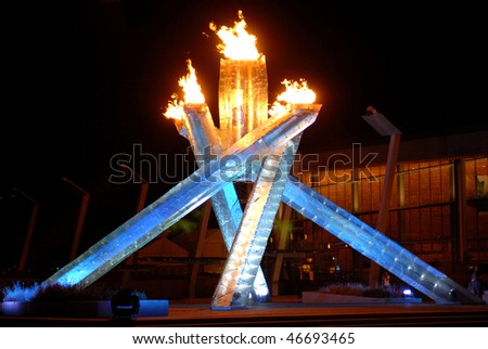 VANCOUVER, BC, CANADA - FEBRUARY 12: Vancouver 2010 Winter Olympic Games cauldron was lit by hockey great Wayne Gretzky at Convention Centre, February 12, 2010 , Vancouver, BC, Canada.